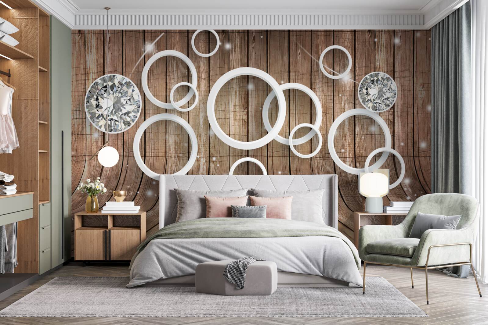 Papier peint texture du bois et cercles blancs