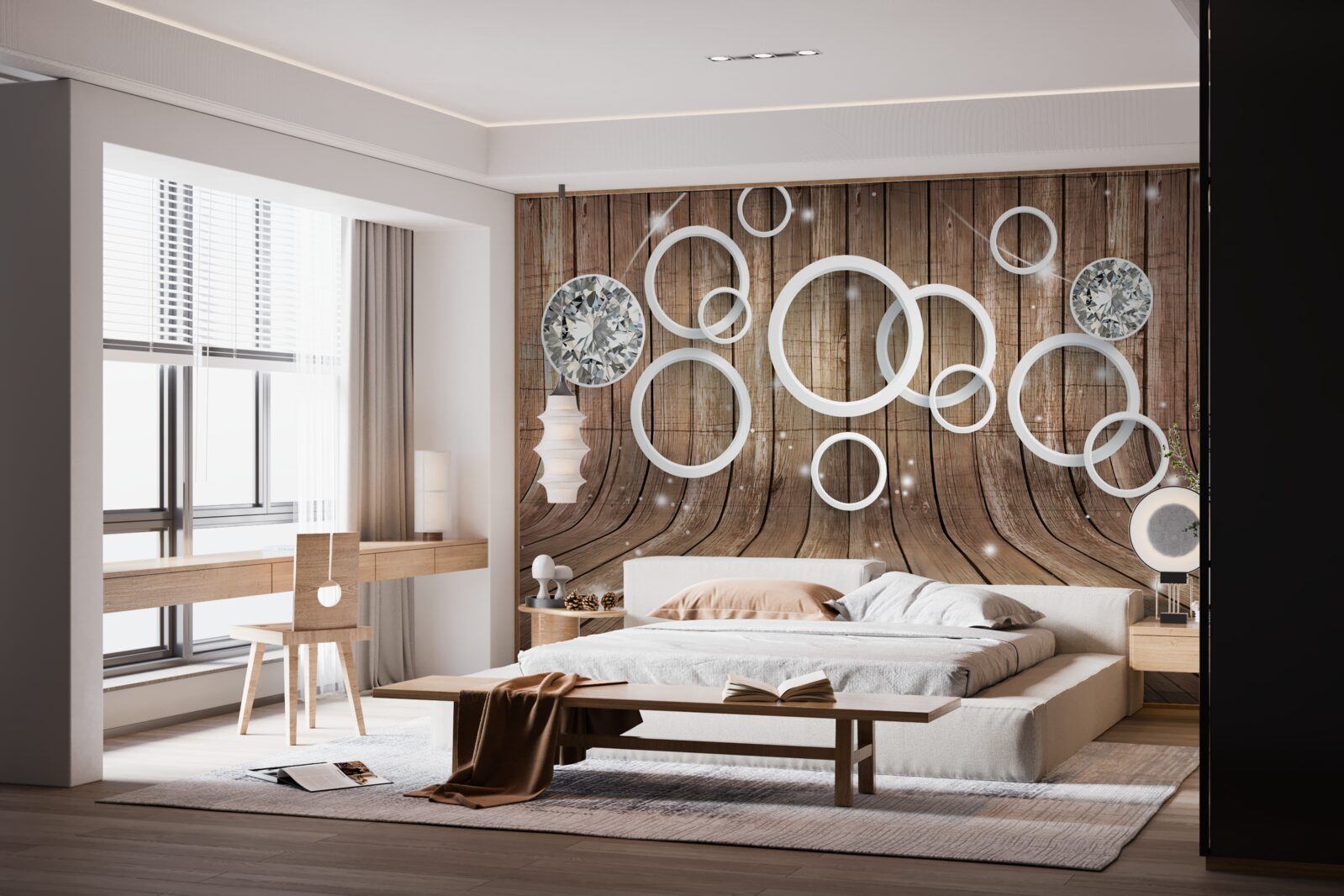 Papier peint texture du bois et cercles blancs