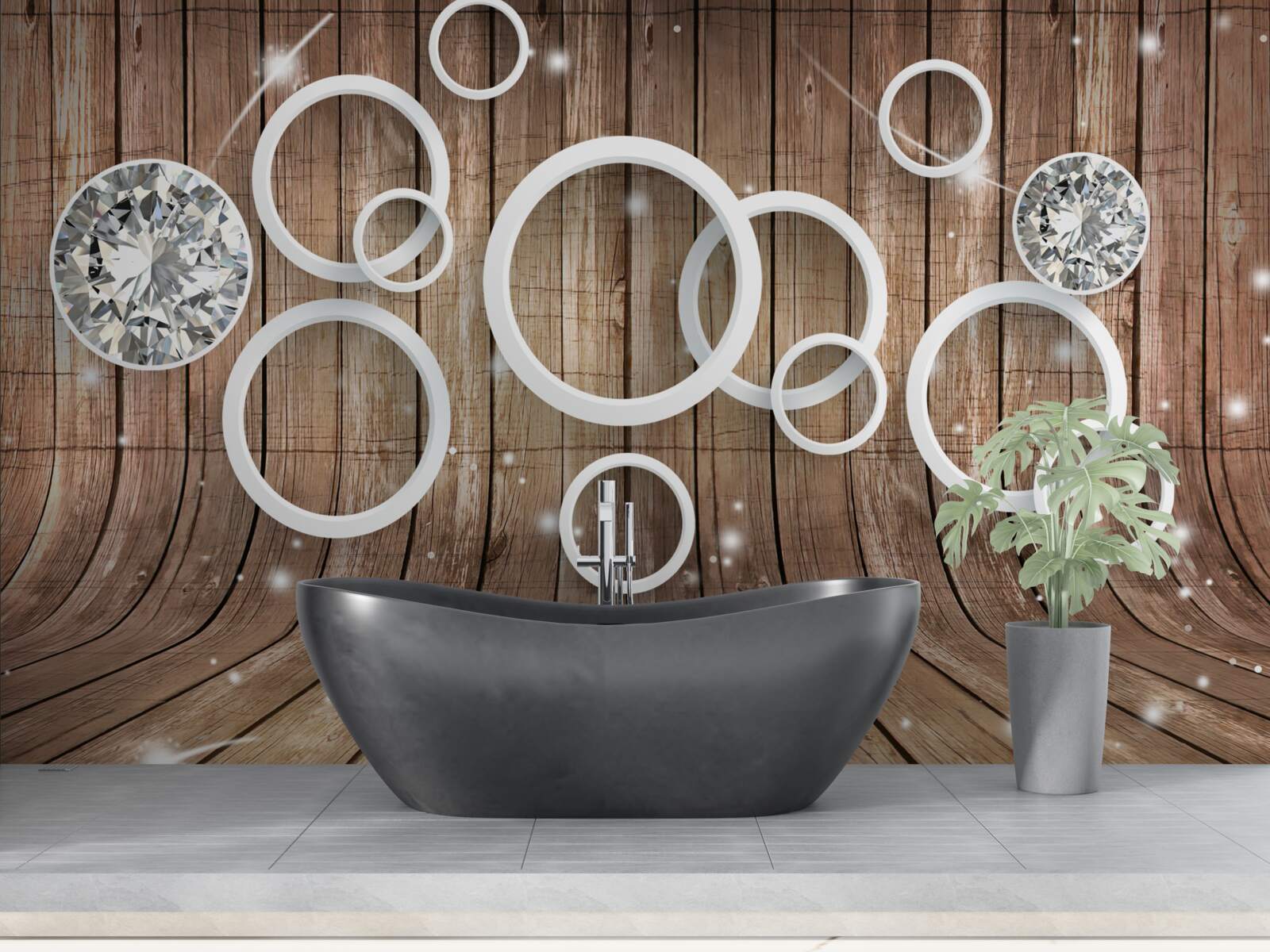 Papier peint texture du bois et cercles blancs