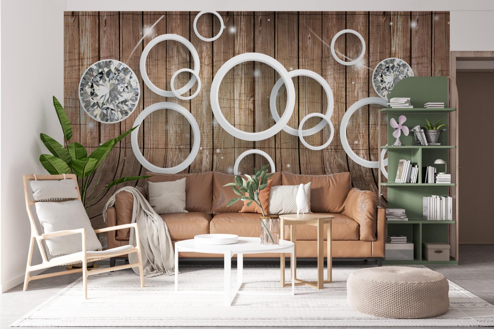 Papier peint texture du bois et cercles blancs