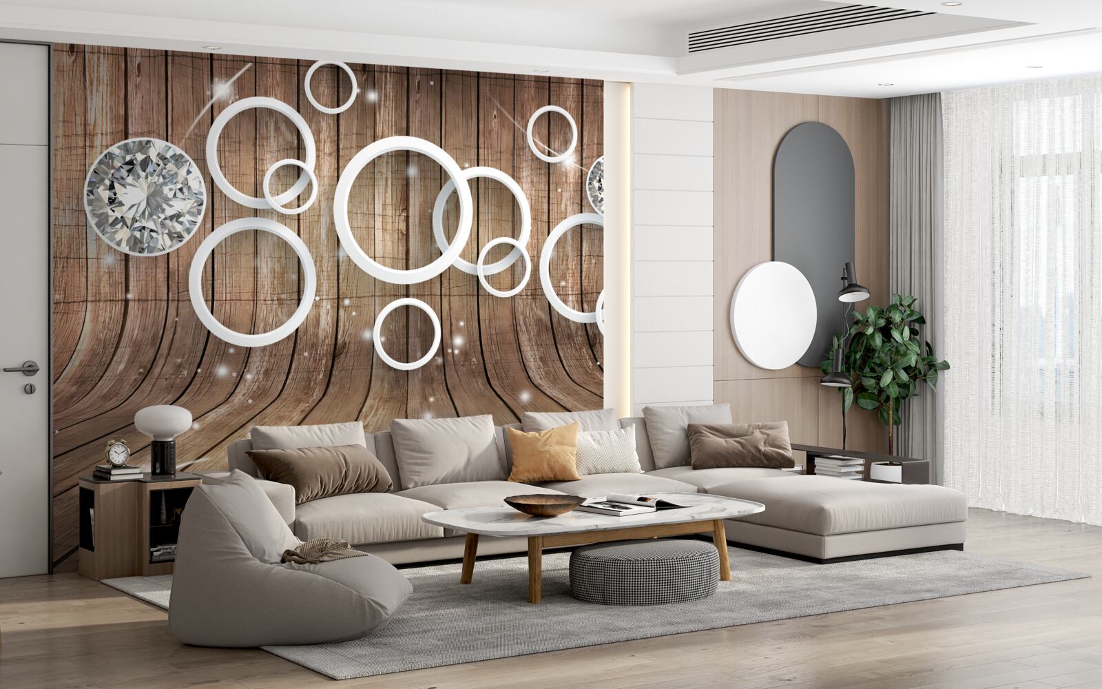 Papier peint texture du bois et cercles blancs