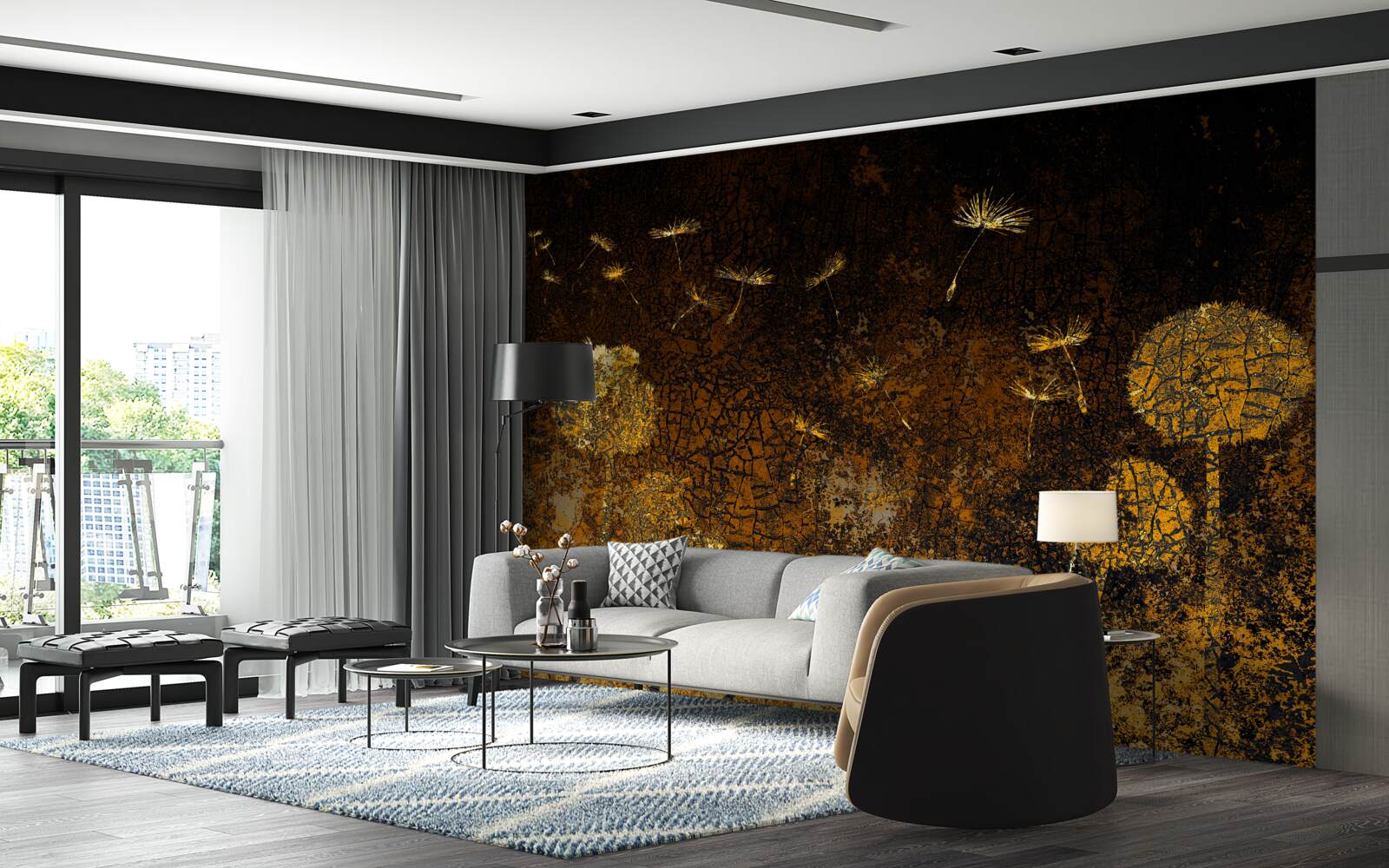 Papier peint la nuit, le vent fait osciller les pissenlits