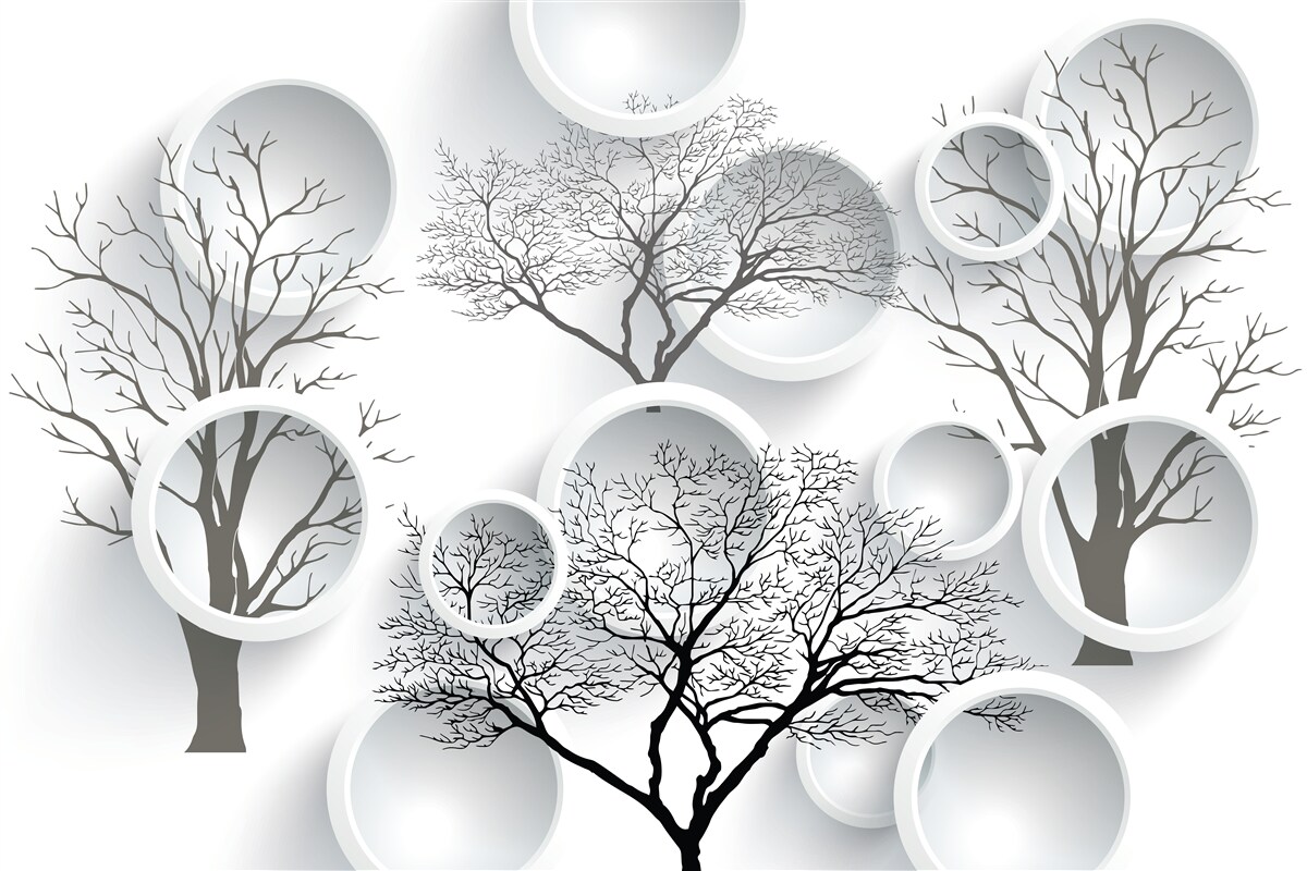 Papier peint cercles blancs et arbres