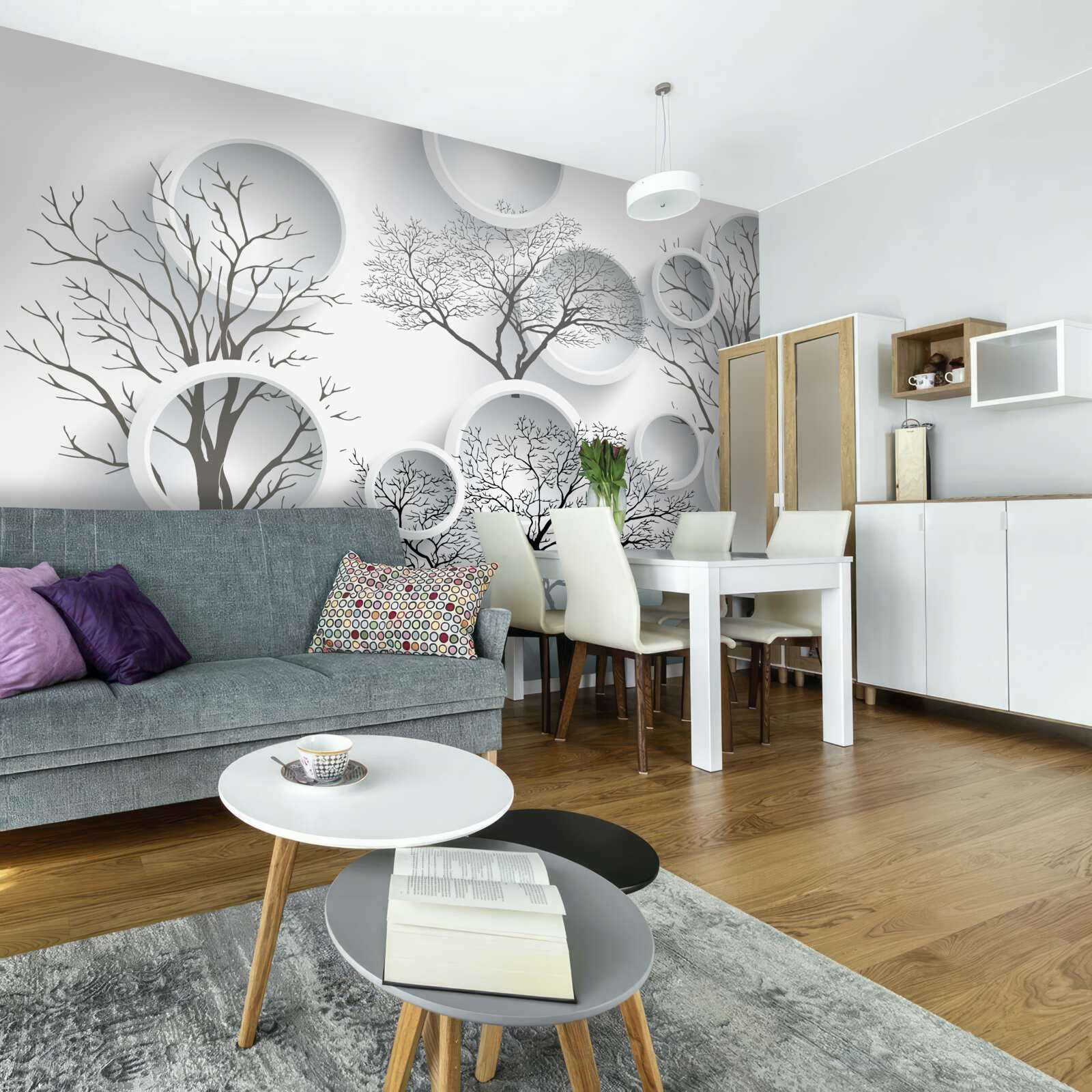 Papier peint cercles blancs et arbres