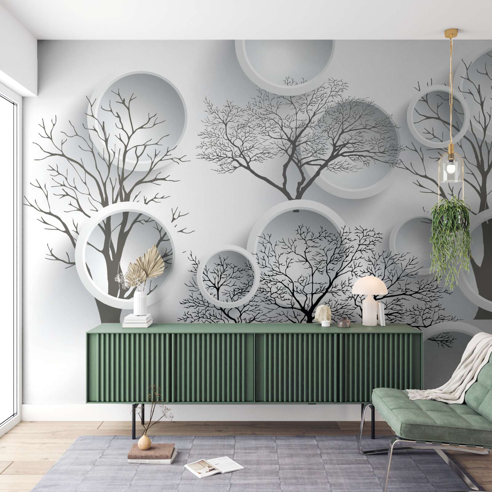 Papier peint cercles blancs et arbres