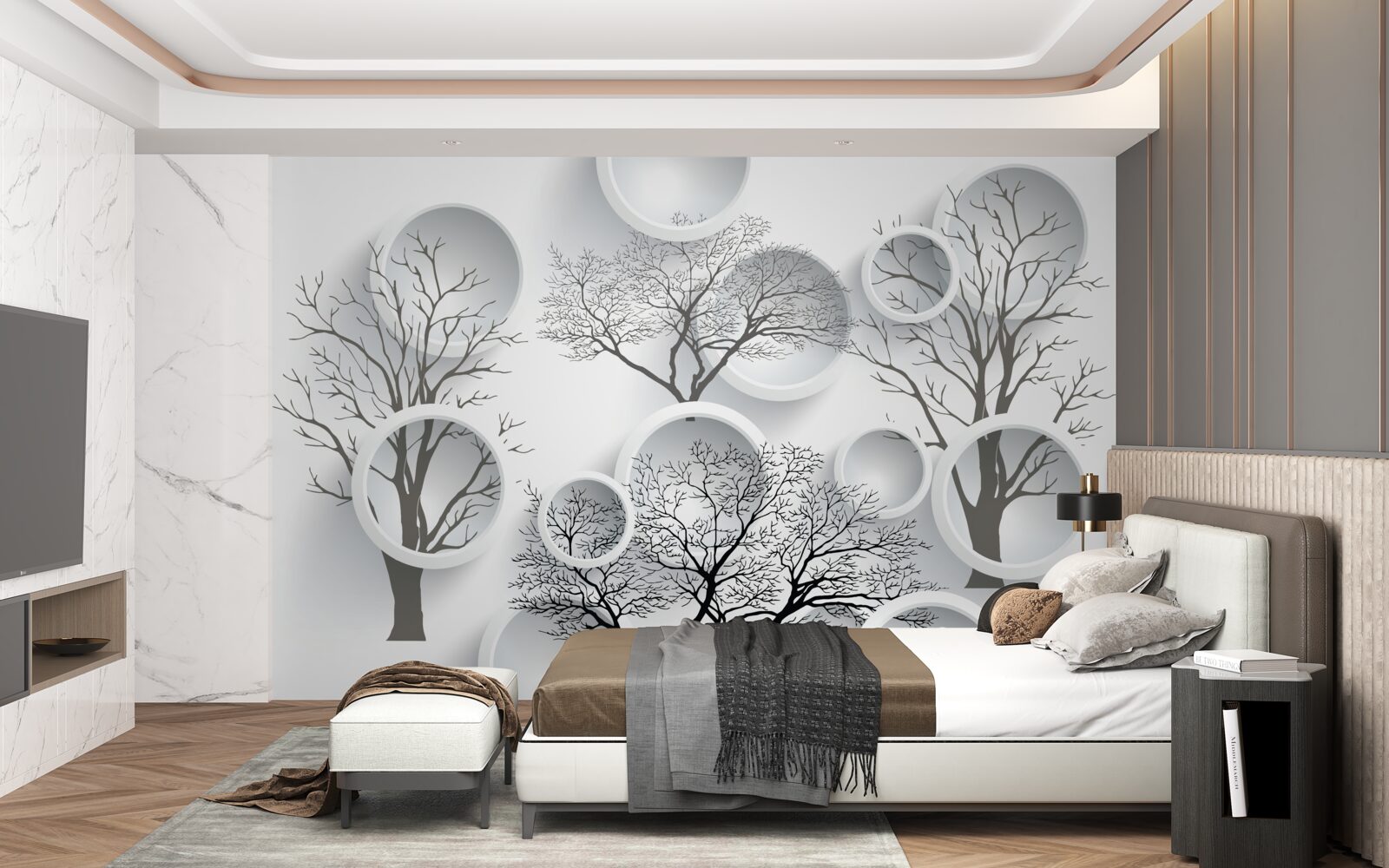 Papier peint cercles blancs et arbres