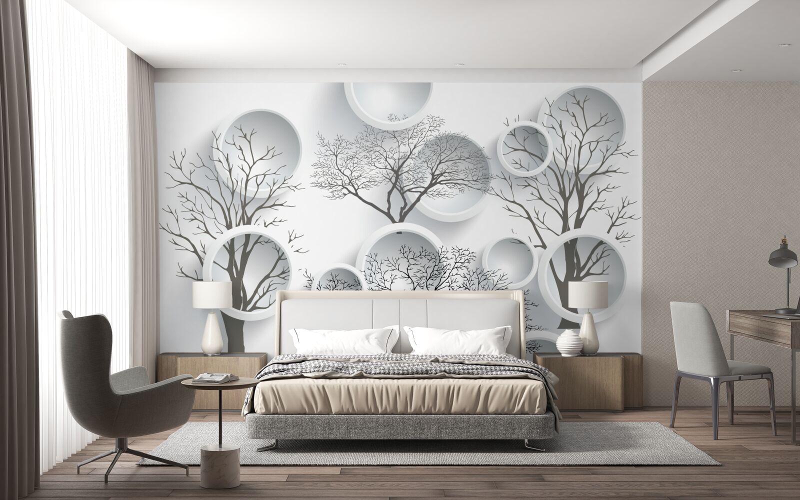 Papier peint cercles blancs et arbres