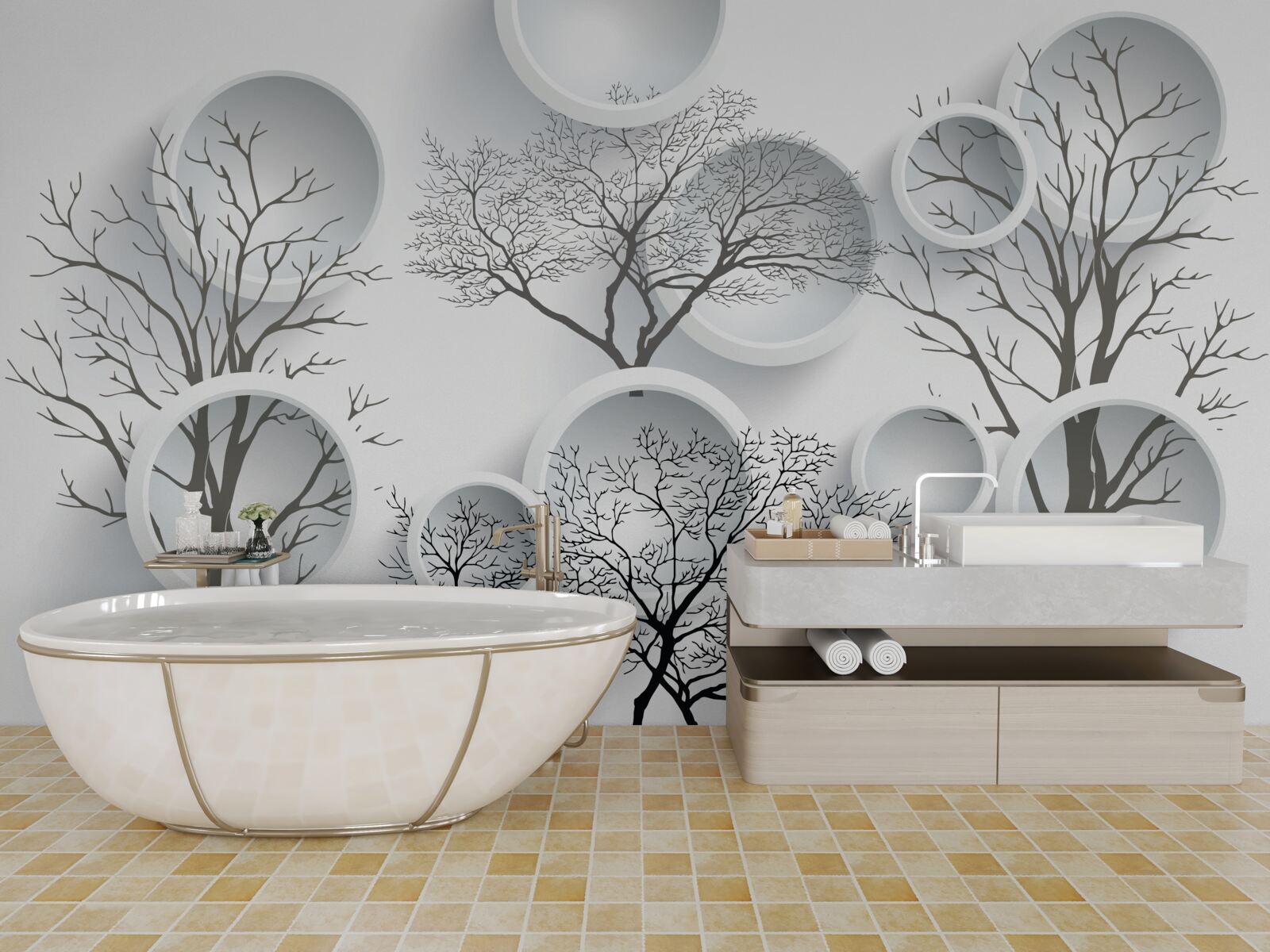 Papier peint cercles blancs et arbres