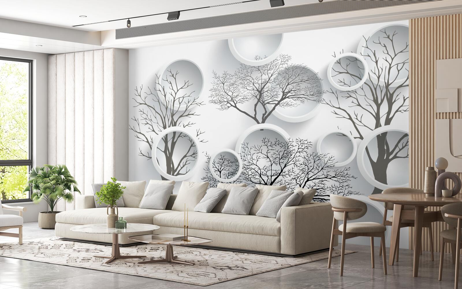 Papier peint cercles blancs et arbres