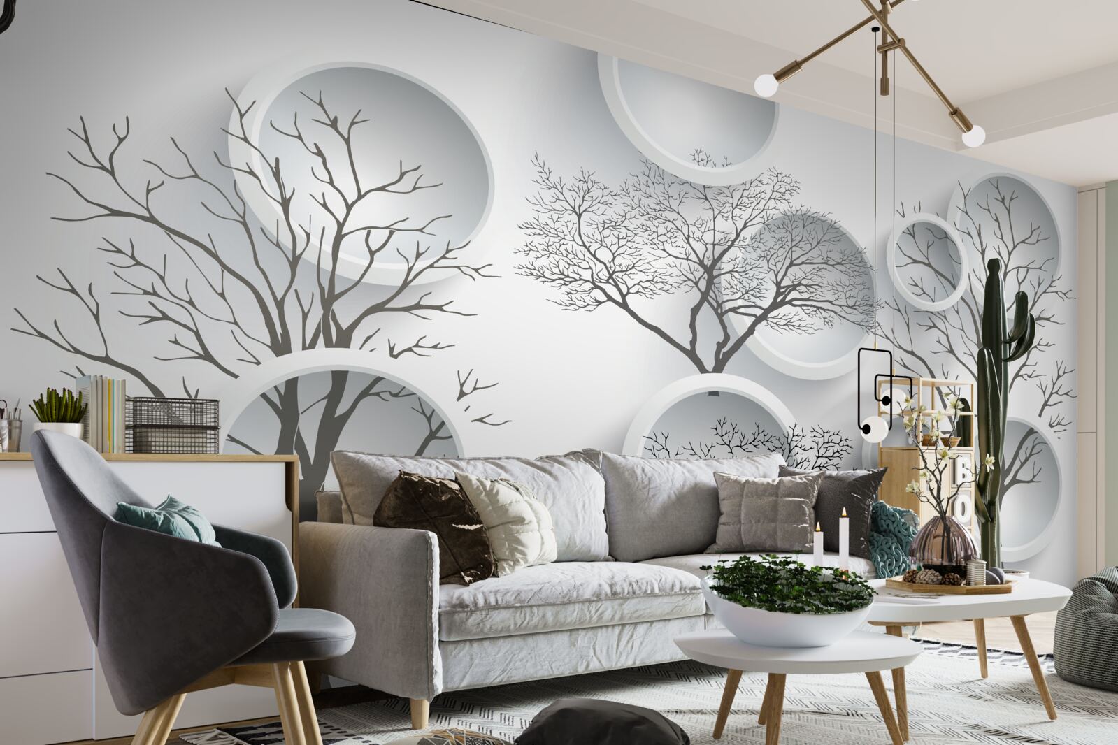 Papier peint cercles blancs et arbres