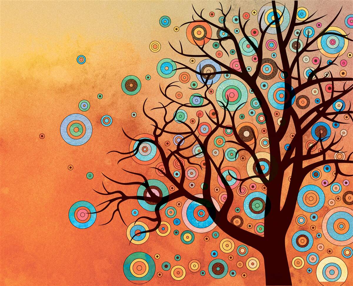 Papier peint arbre de style abstrait sur fond de coucher de soleil