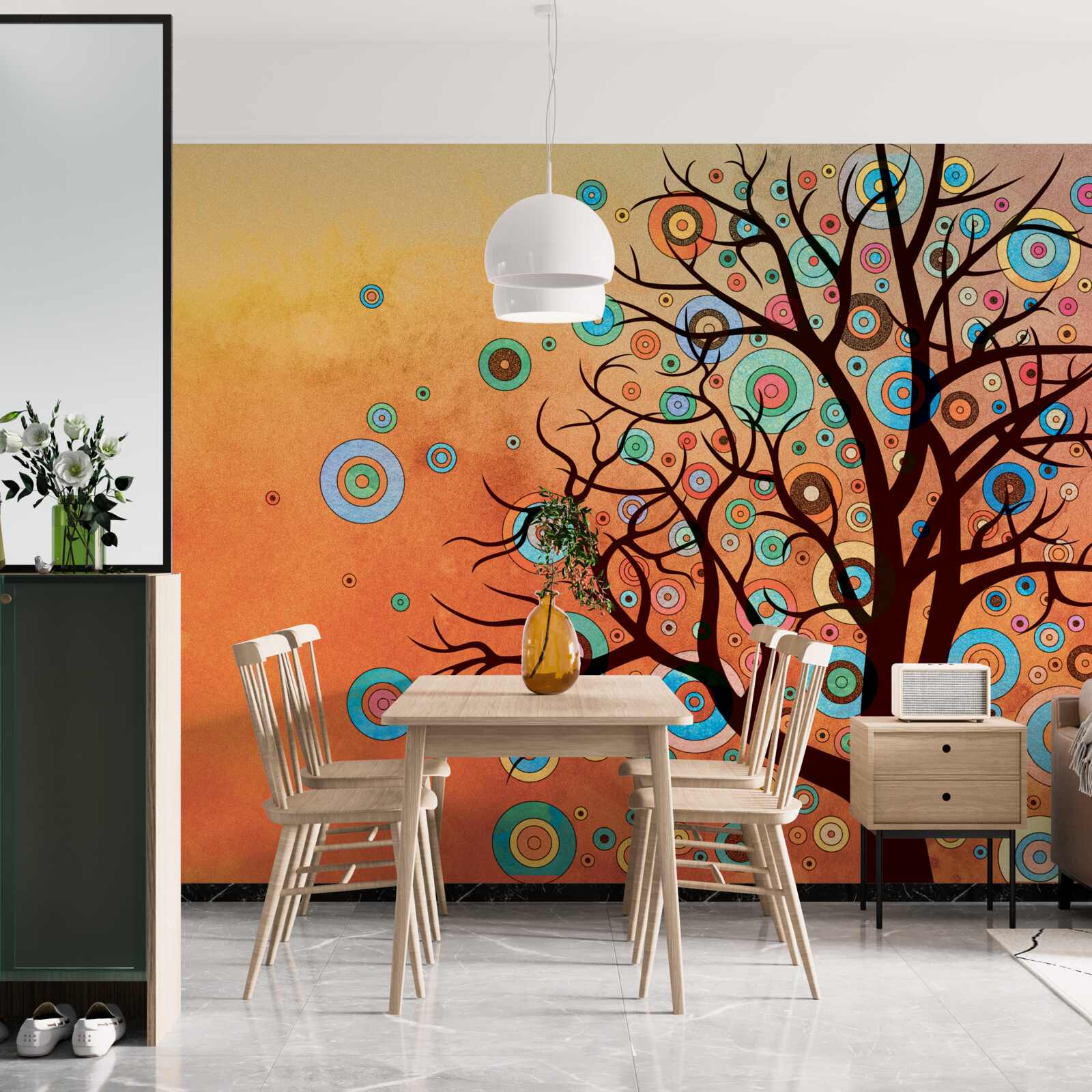 Papier peint arbre de style abstrait sur fond de coucher de soleil