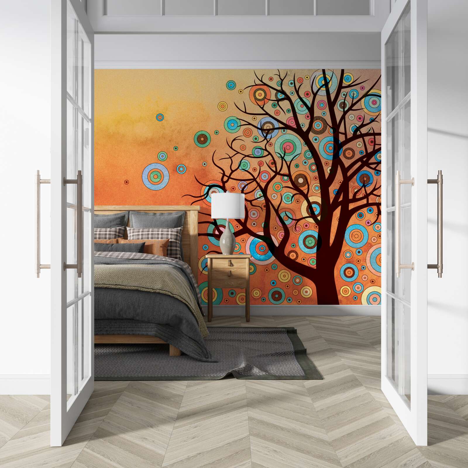 Papier peint arbre de style abstrait sur fond de coucher de soleil