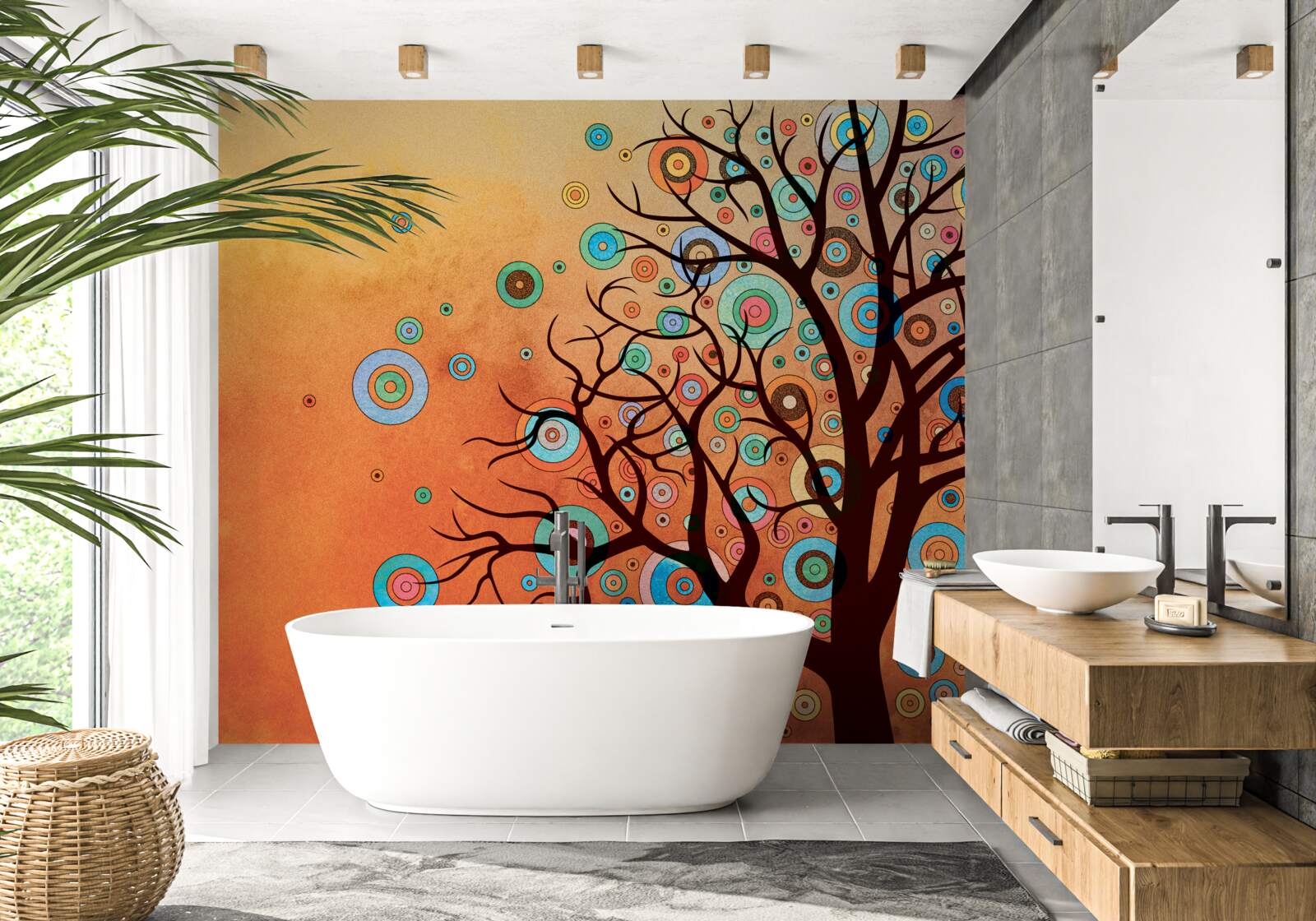 Papier peint arbre de style abstrait sur fond de coucher de soleil