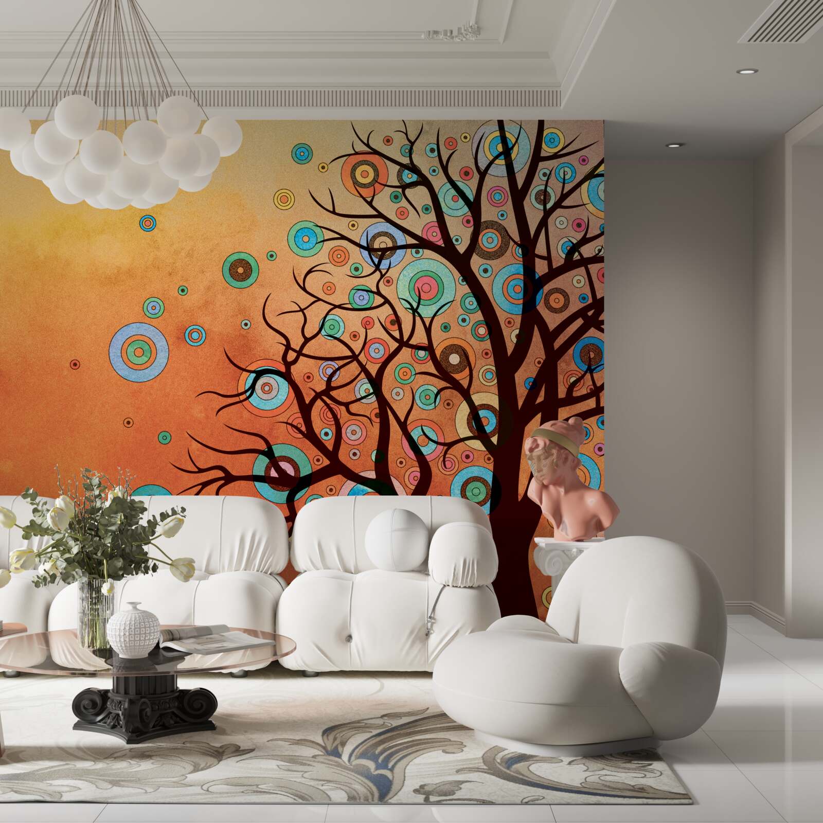 Papier peint arbre de style abstrait sur fond de coucher de soleil