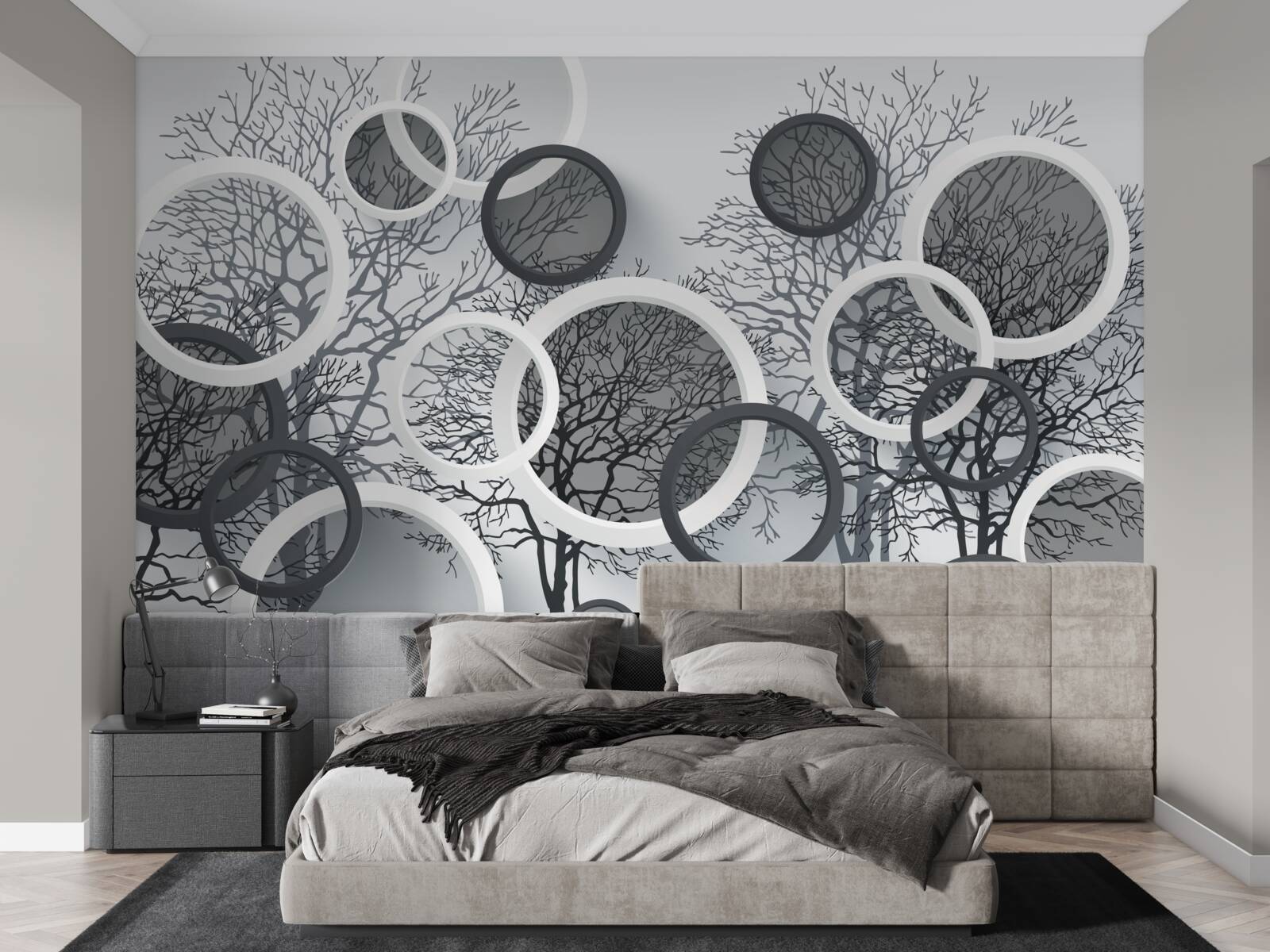 Papier peint arbres dans la brume et les cercles