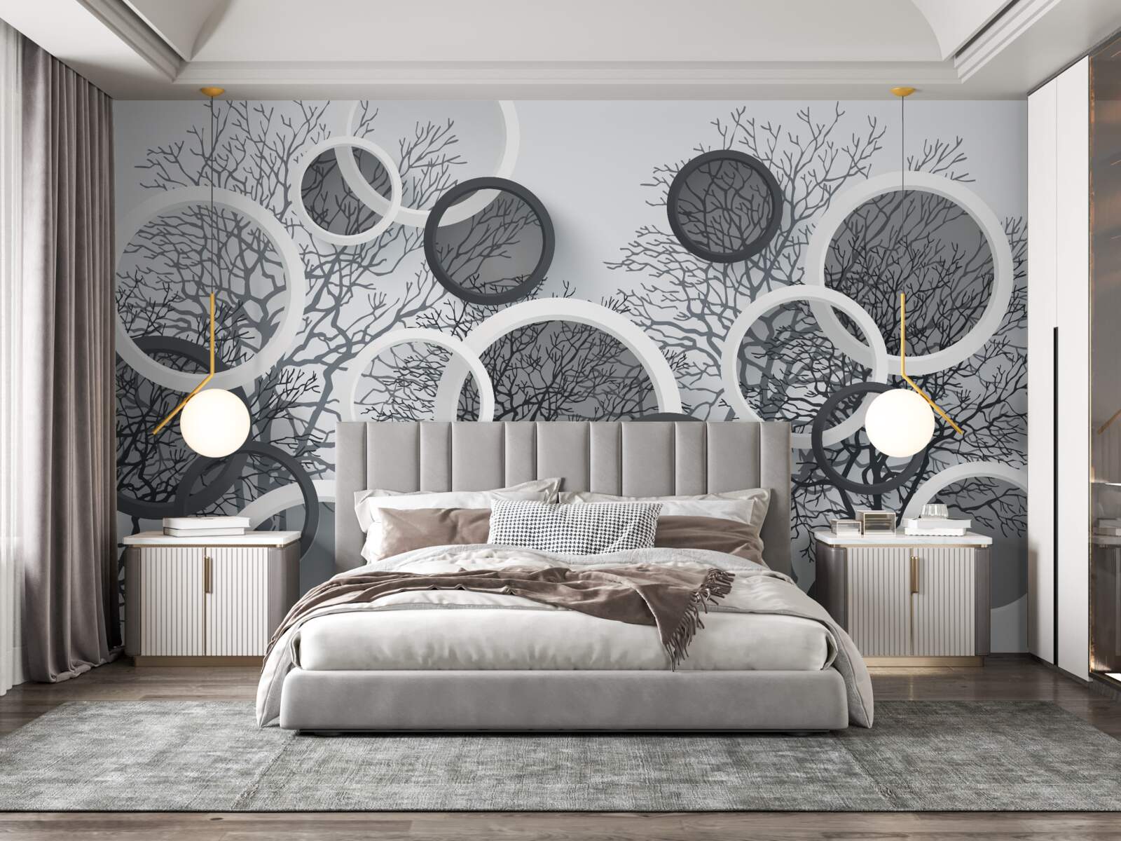 Papier peint arbres dans la brume et les cercles