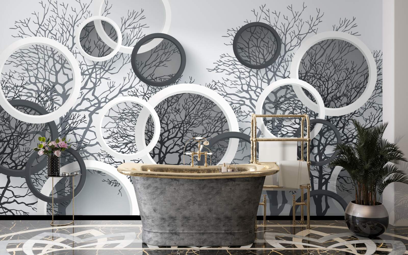 Papier peint arbres dans la brume et les cercles