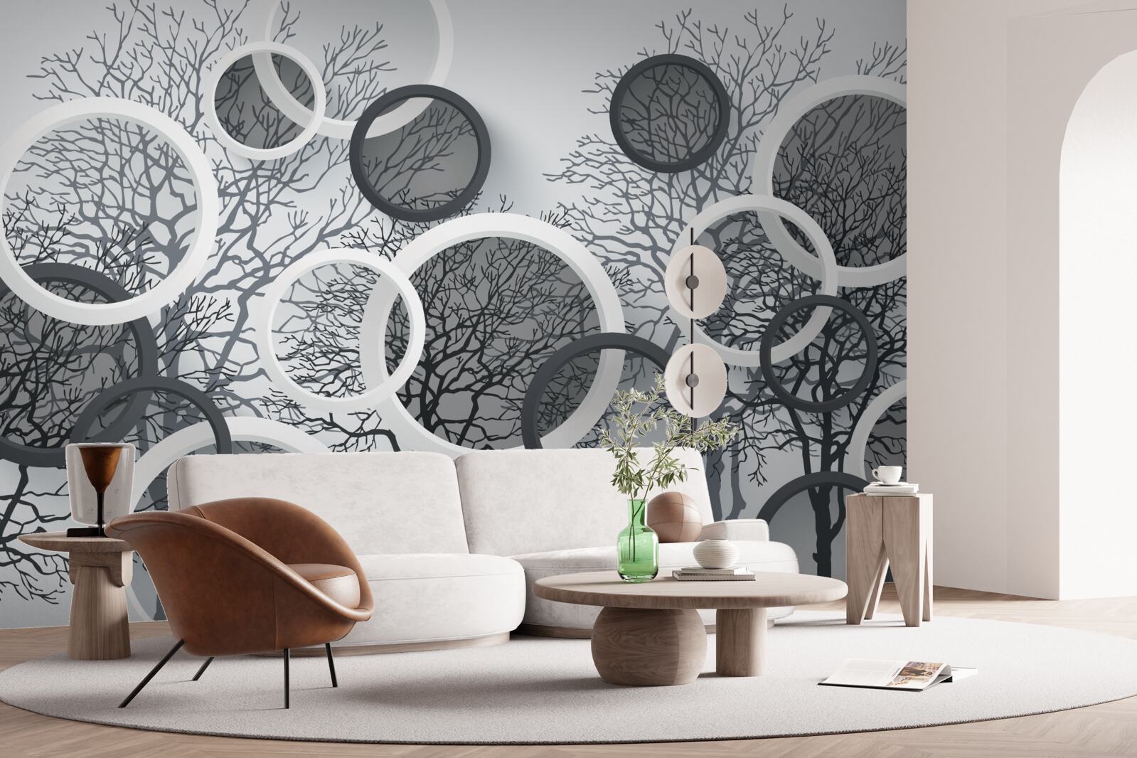 Papier peint arbres dans la brume et les cercles