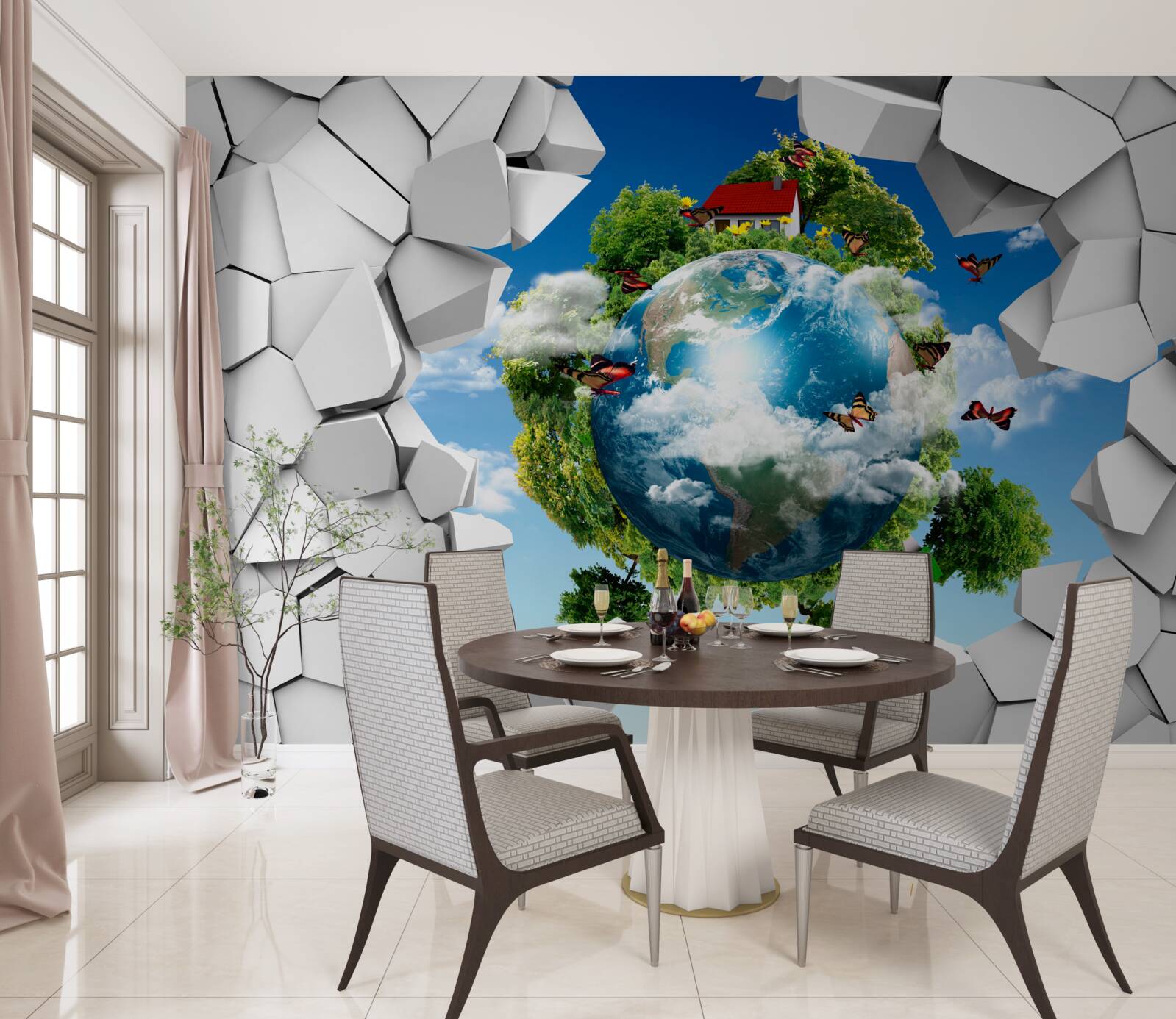 Papier peint Un mur de pierre et une planète couverte de verdure