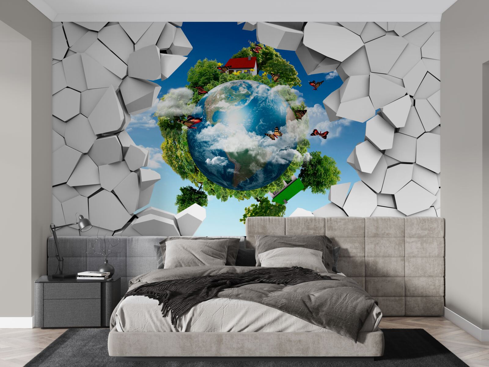 Papier peint Un mur de pierre et une planète couverte de verdure