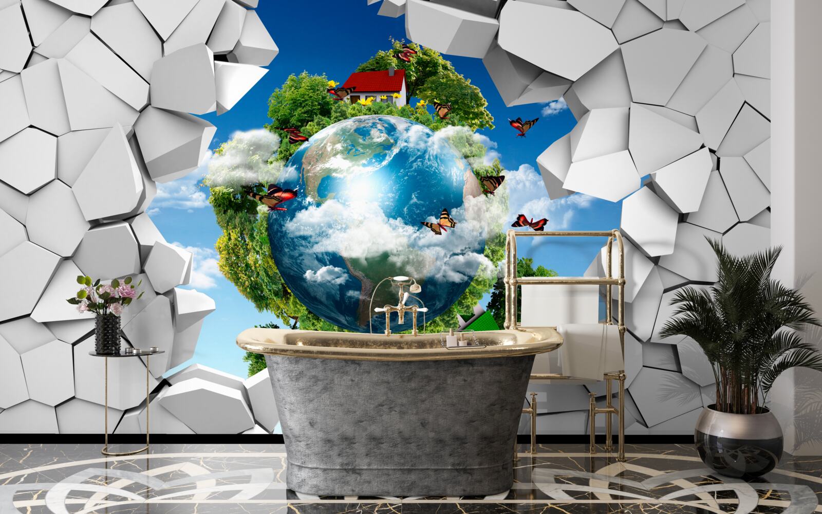 Papier peint Un mur de pierre et une planète couverte de verdure