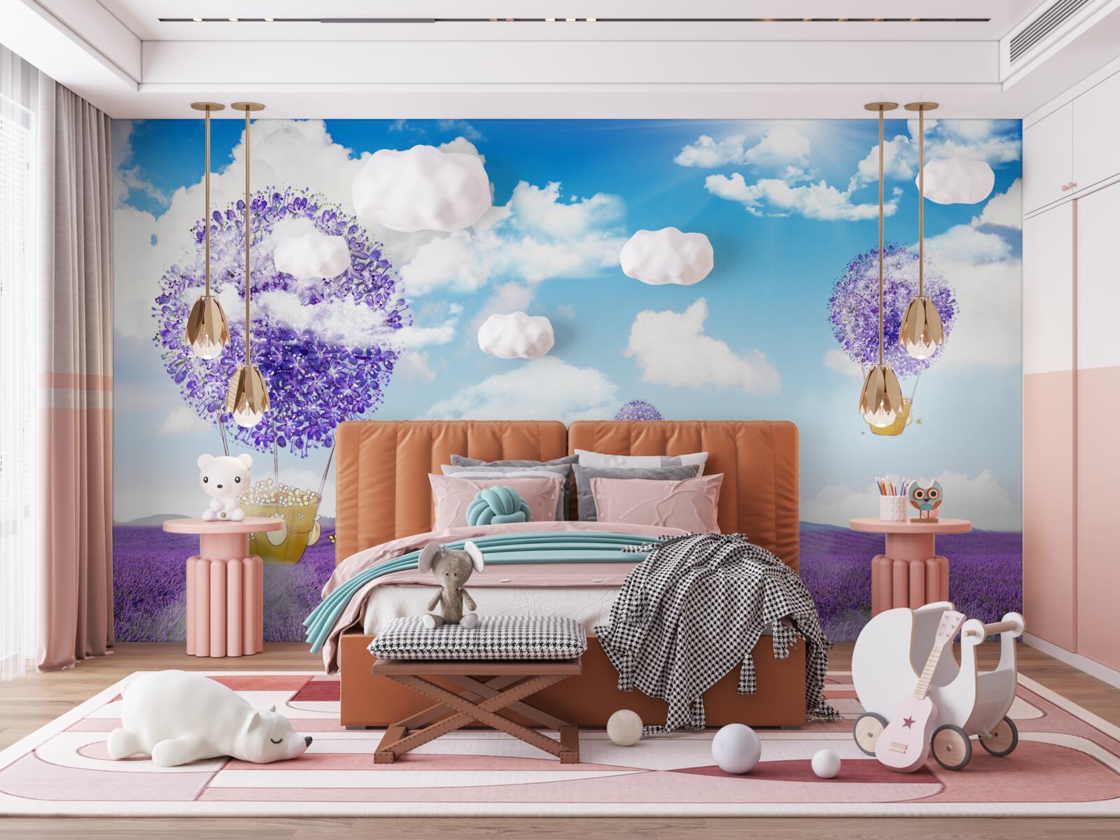 Papier peint plantation de lavande et ballons