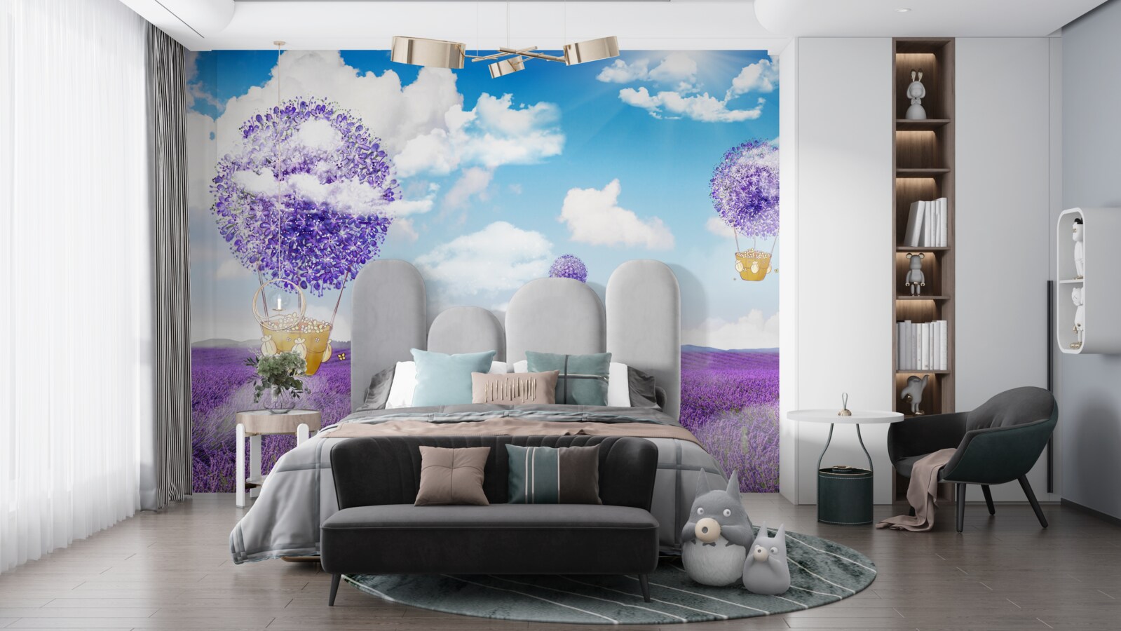 Papier peint plantation de lavande et ballons