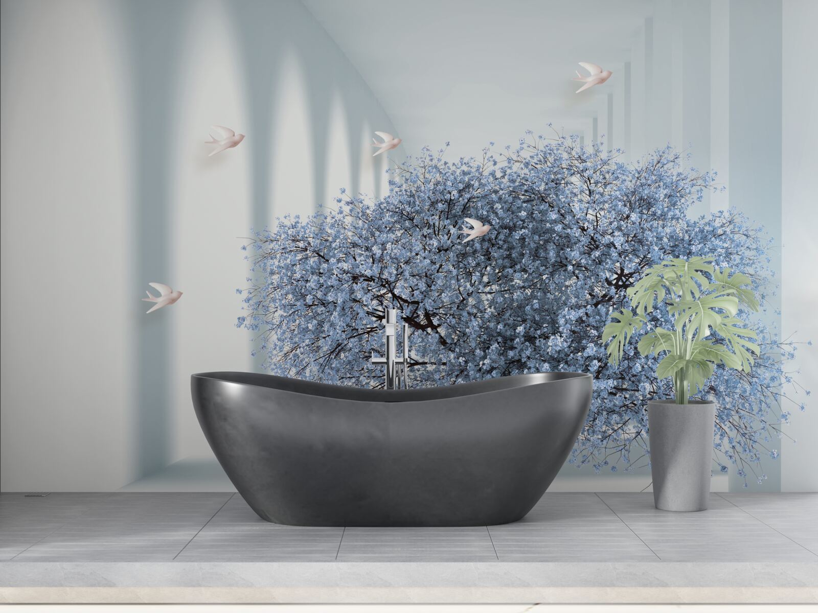 Papier peint un arbre dans un tunnel fleuri