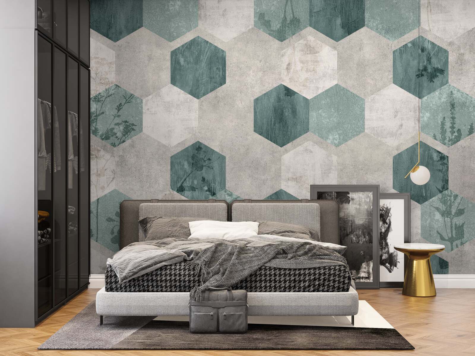 Papier peint feuilles avec des motifs en forme de pentagones abstraits