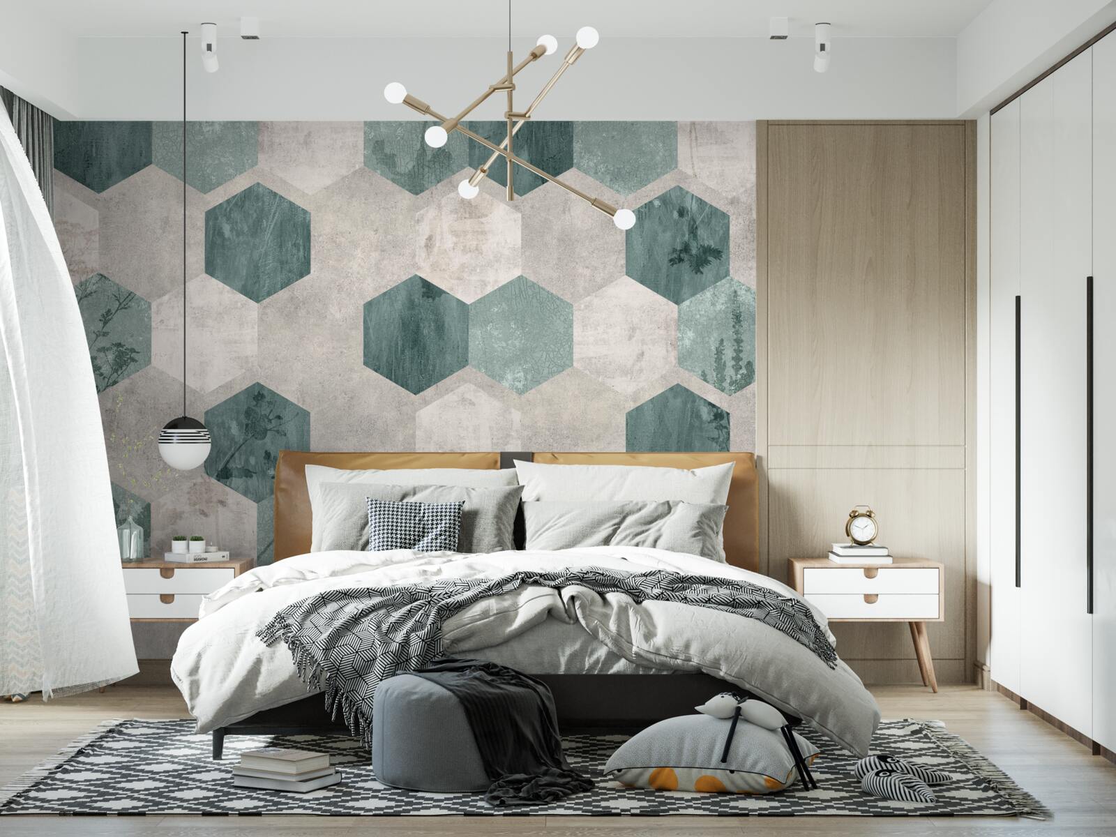 Papier peint feuilles avec des motifs en forme de pentagones abstraits