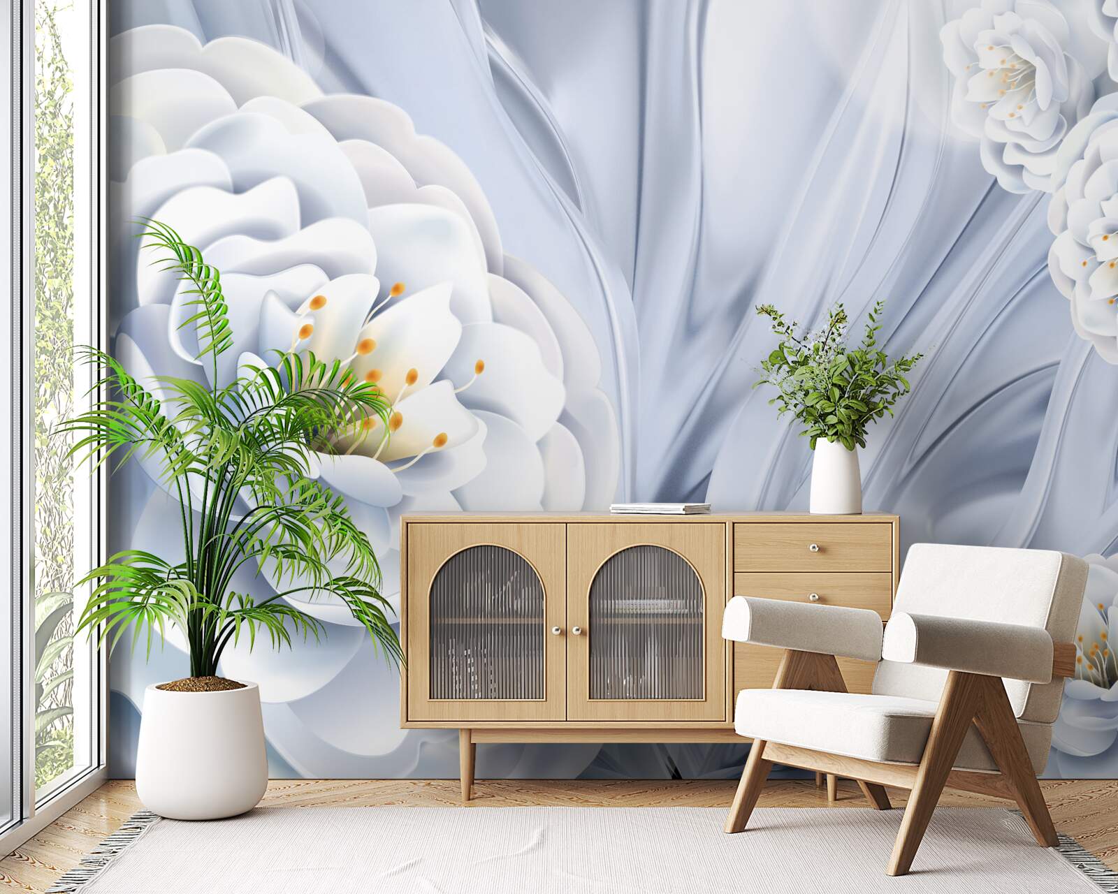 Papier peint gros bourgeons blancs comme la neige et feuilles vertes