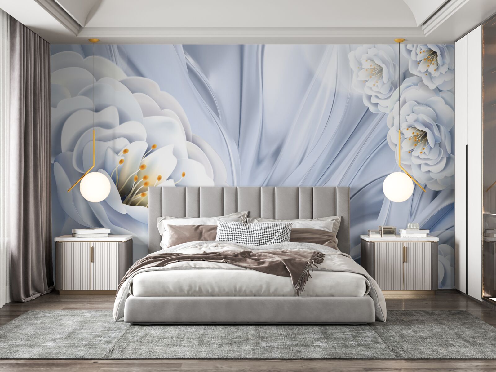 Papier peint gros bourgeons blancs comme la neige et feuilles vertes