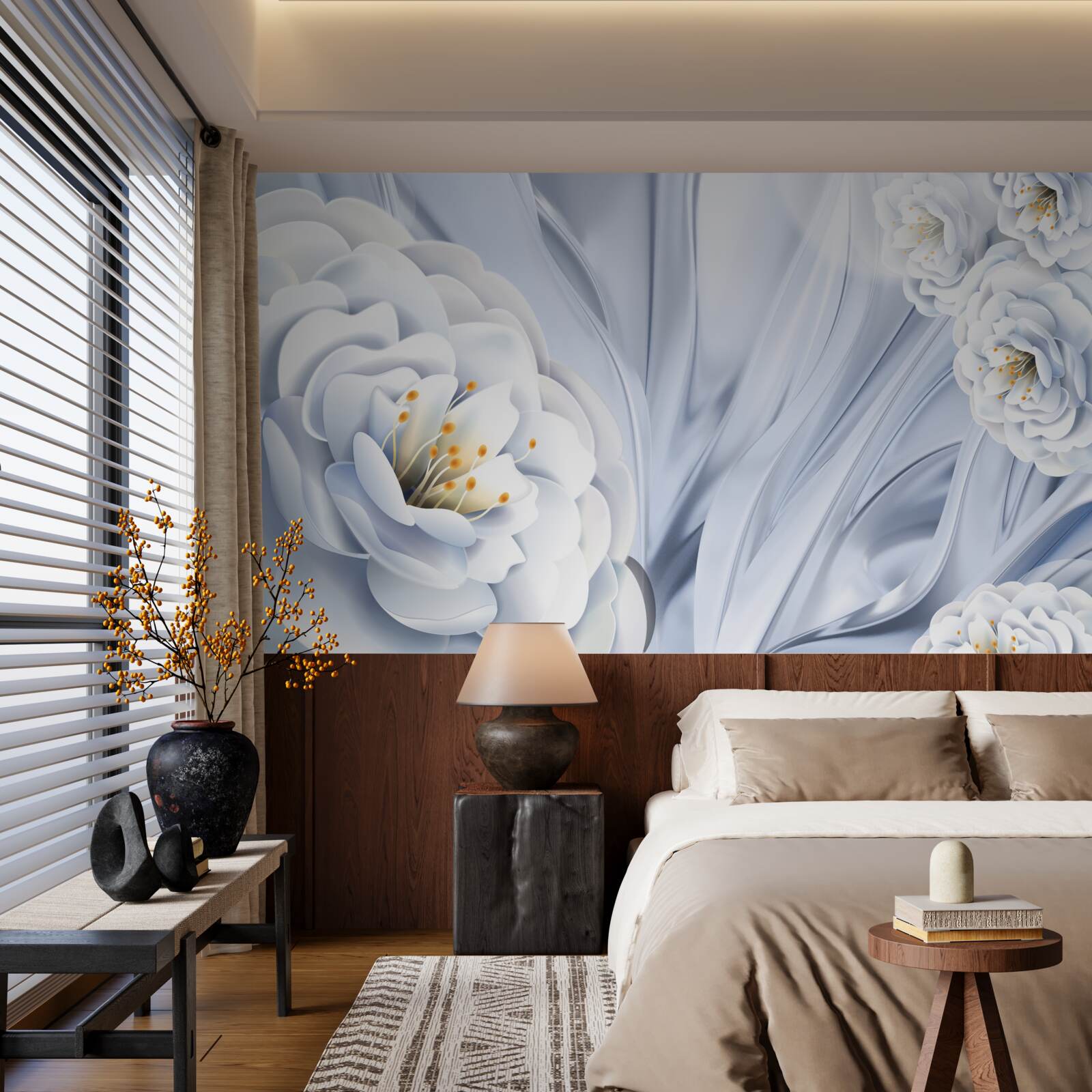 Papier peint gros bourgeons blancs comme la neige et feuilles vertes