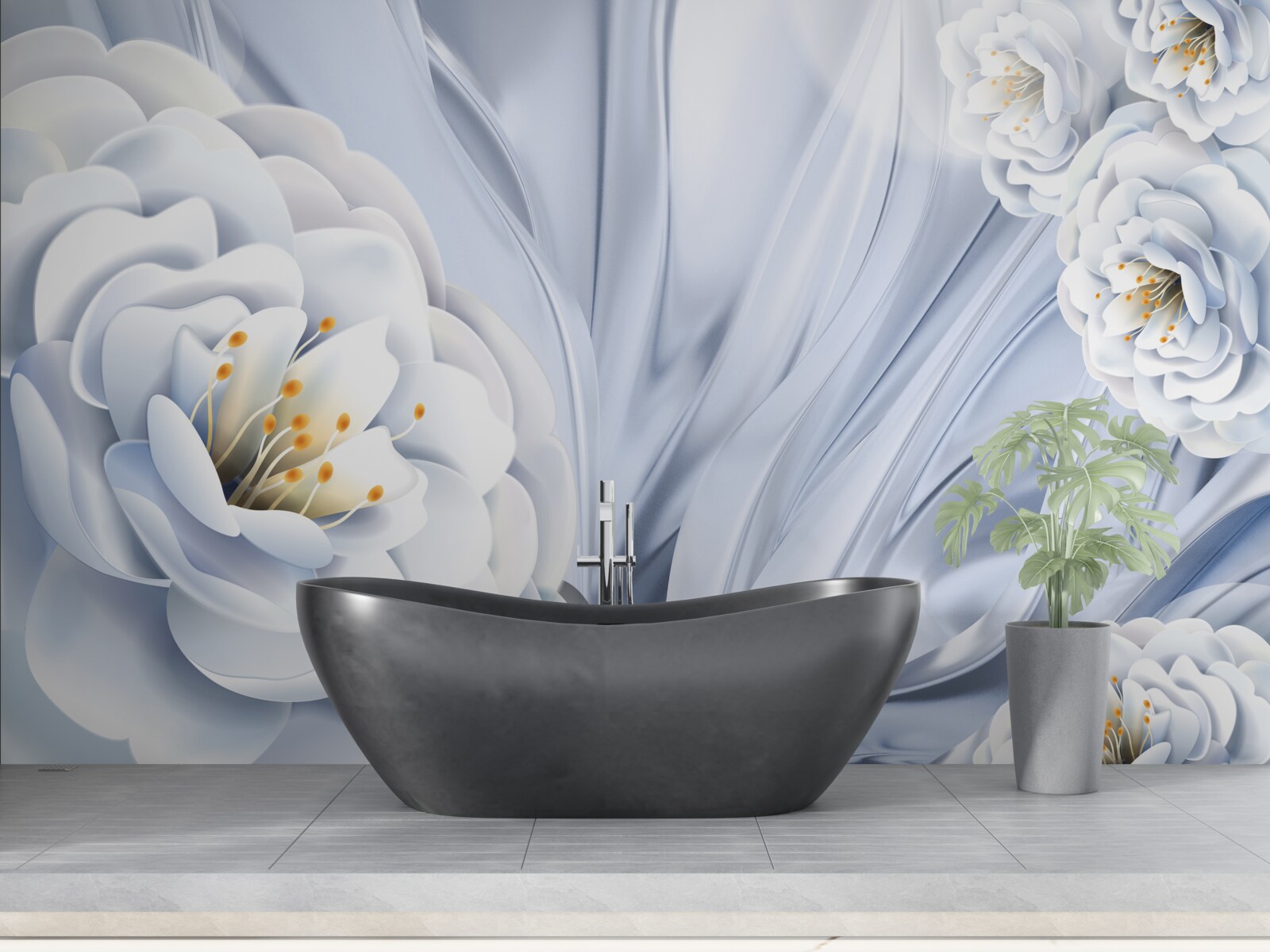 Papier peint gros bourgeons blancs comme la neige et feuilles vertes