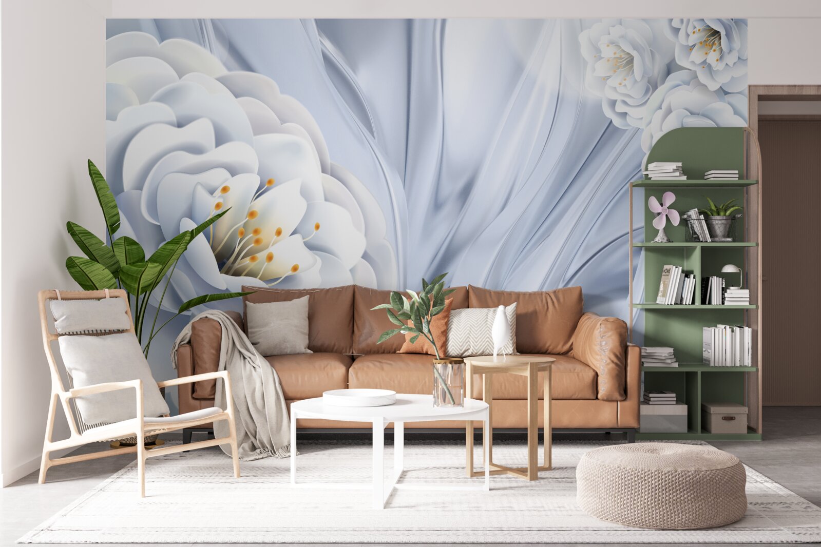 Papier peint gros bourgeons blancs comme la neige et feuilles vertes