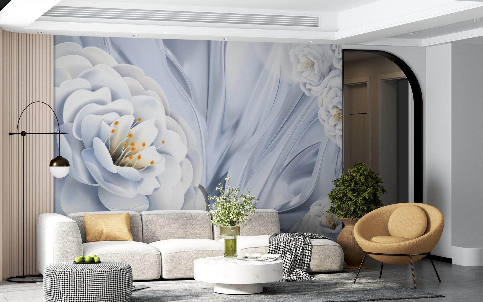 Papier peint gros bourgeons blancs comme la neige et feuilles vertes