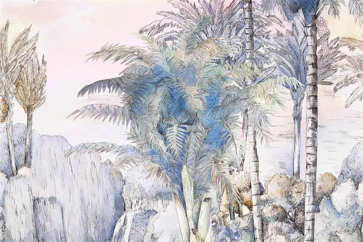 Papier peint de grands arbres parmi les rochers