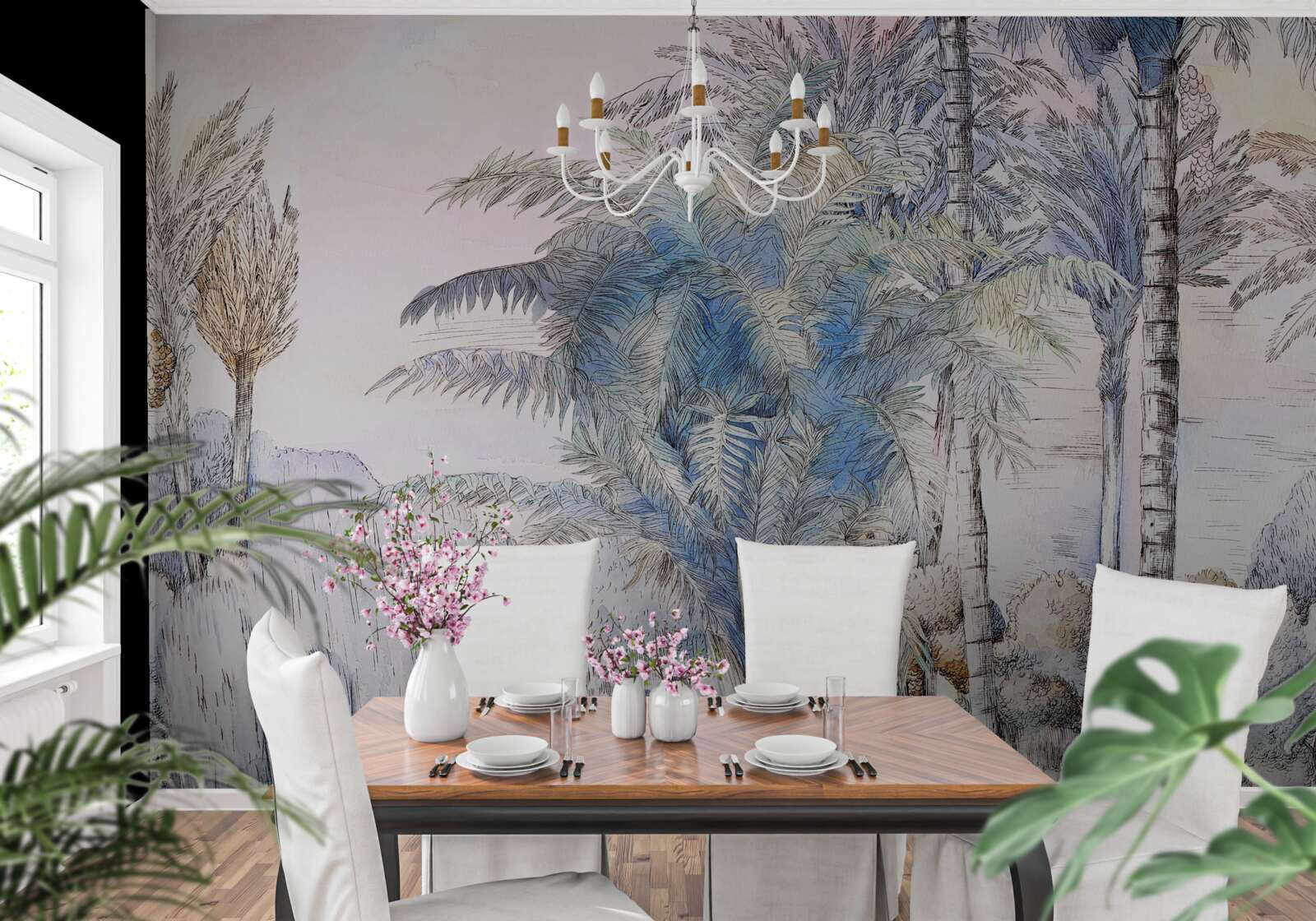 Papier peint de grands arbres parmi les rochers