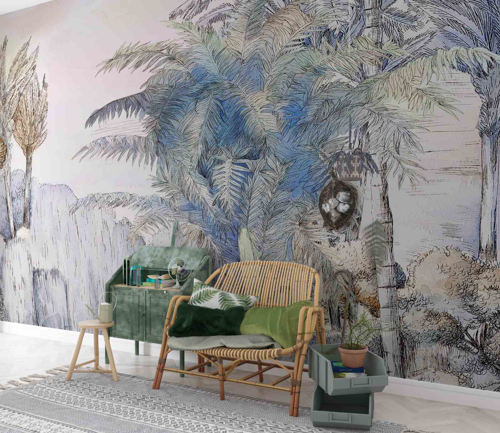 Papier peint de grands arbres parmi les rochers