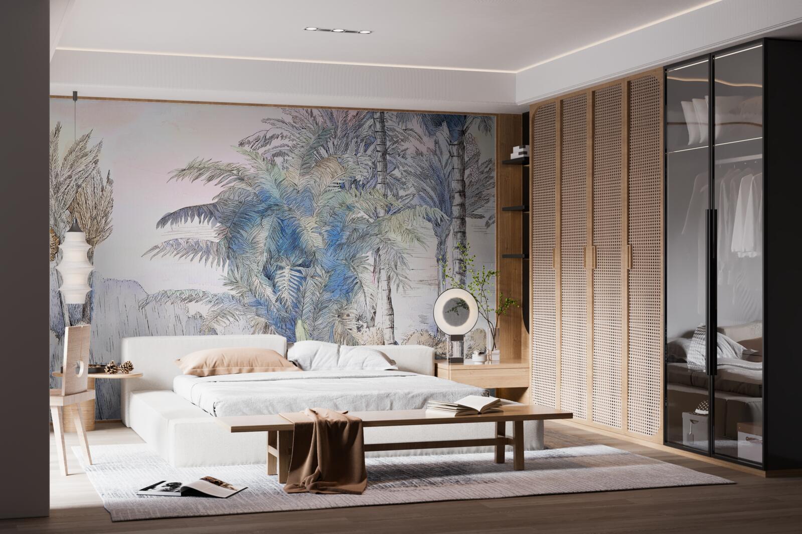 Papier peint de grands arbres parmi les rochers