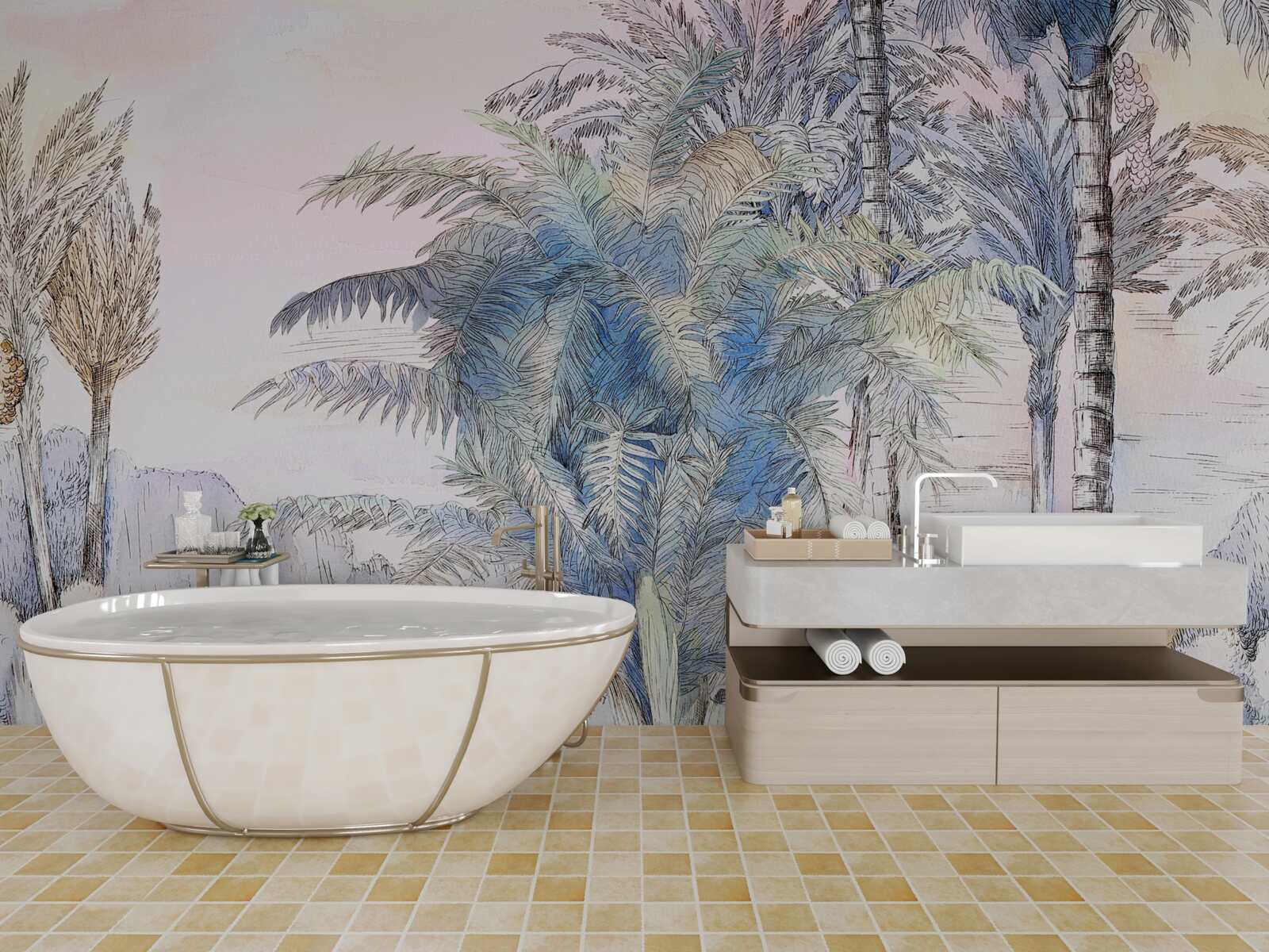 Papier peint de grands arbres parmi les rochers