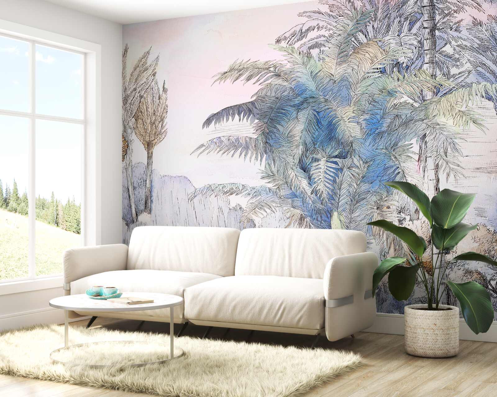 Papier peint de grands arbres parmi les rochers