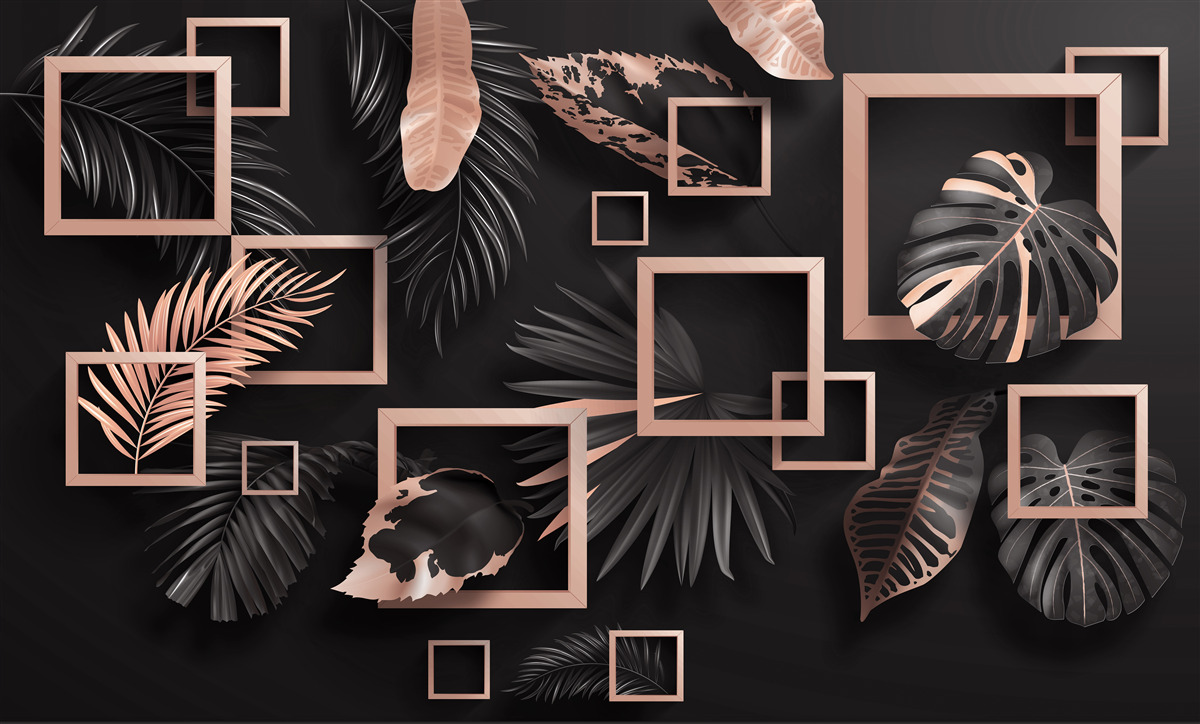 Papier peint abstraction tropicale dans les tons noir et or