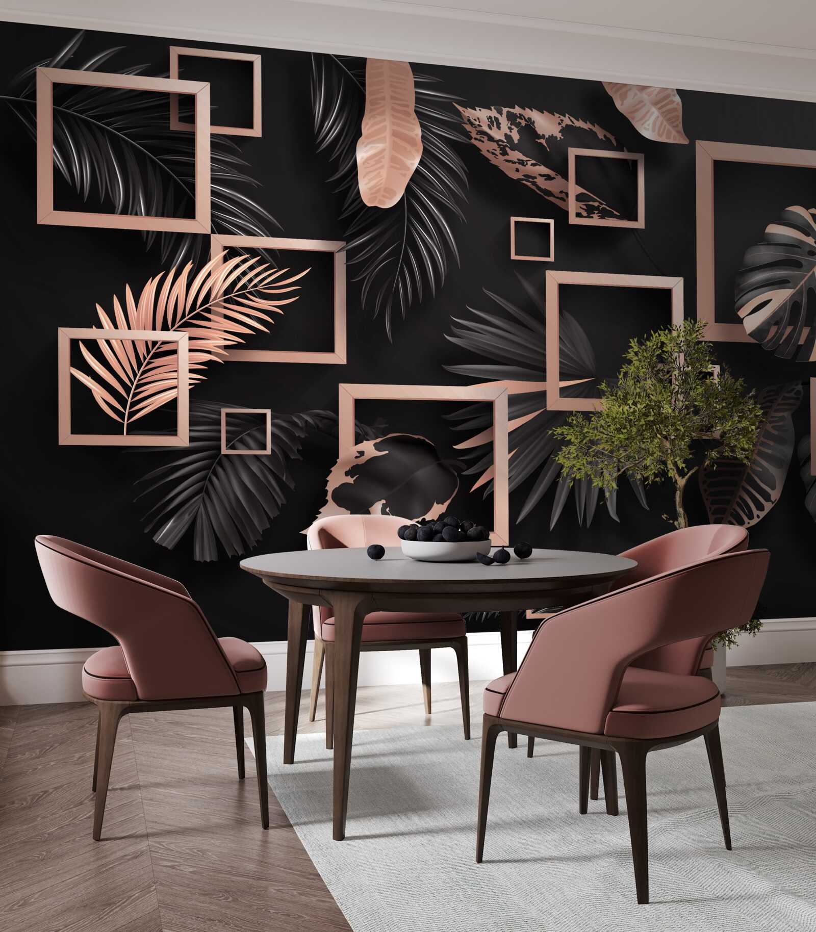 Papier peint abstraction tropicale dans les tons noir et or