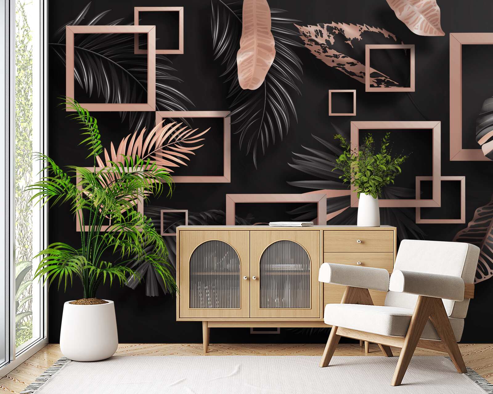 Papier peint abstraction tropicale dans les tons noir et or