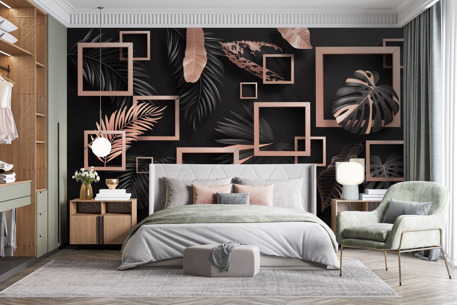 Papier peint abstraction tropicale dans les tons noir et or