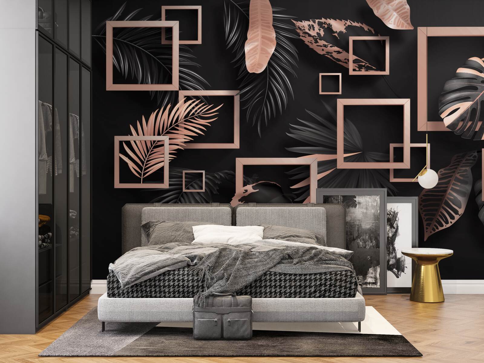 Papier peint abstraction tropicale dans les tons noir et or