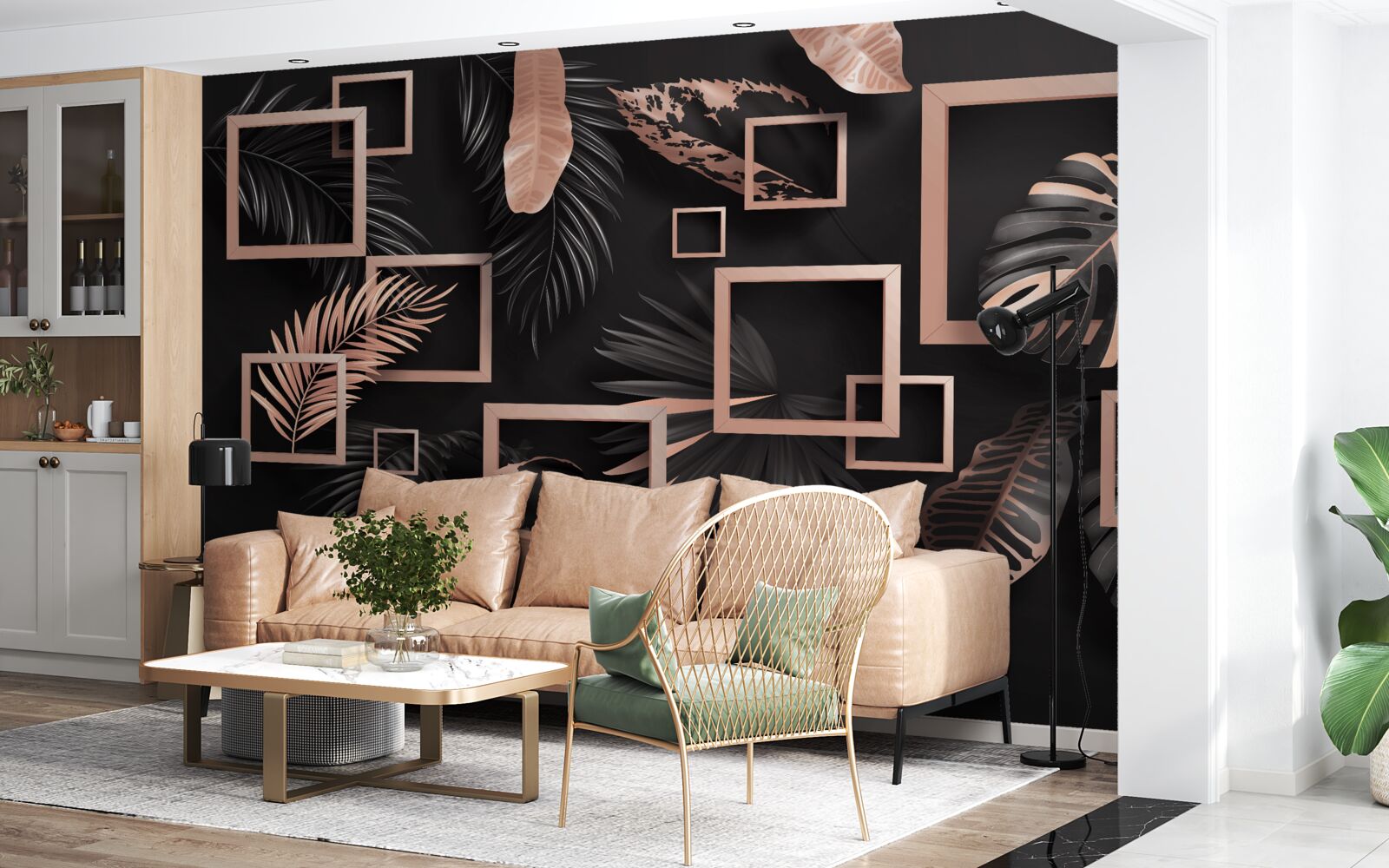 Papier peint abstraction tropicale dans les tons noir et or