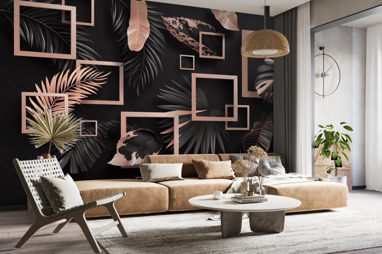 Papier peint abstraction tropicale dans les tons noir et or